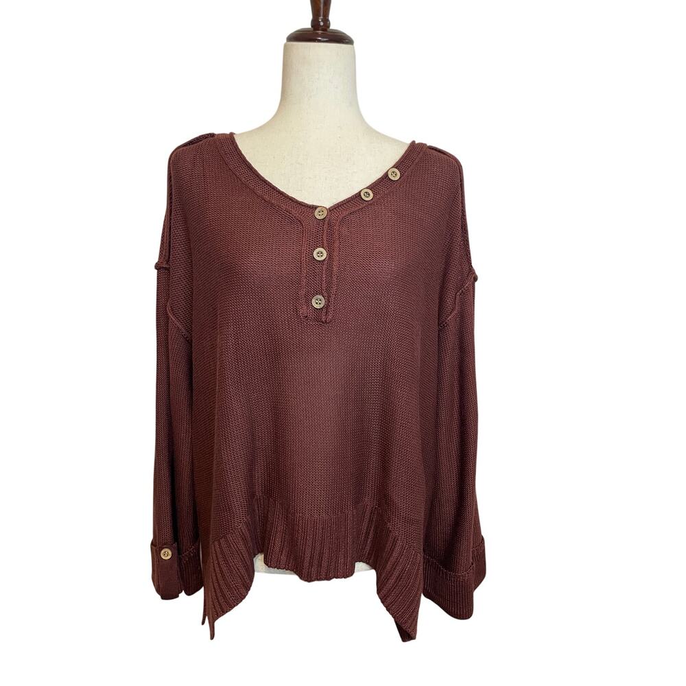 Wonderly Women's Oversized Maroon Red V Neck Henley Sweater High Low Size M